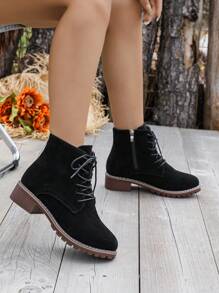 Botas de mujer de moda para otoño/invierno, botas negras con diseño de cordones y cremallera para estilo callejero al aire libre, botas de mujer de tacón medio bajo con puntera redonda de ante, botas de cuña negras