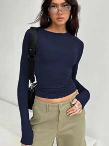 3 Piezas Camisetas de base para mujer estilo Y2K, camisetas de manga larga con cuello redondo, camisetas de base ajustadas suaves y cómodas, camisetas de base de manga larga casuales y de moda, camisetas de cuello redondo de un solo color ajustadas para primavera y otoño, tops recortados de base para uso diario - Multicolor - Ver 6