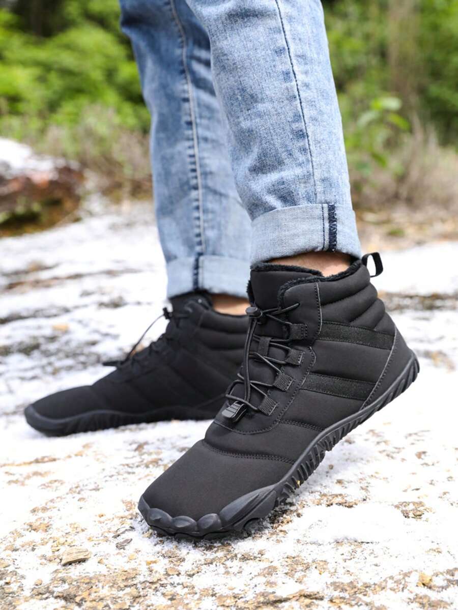 男士冬季户外防水冬鞋，保暖内衬，厚实，保暖，防滑，中筒雪地靴 - 黑色 - 查看 1