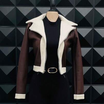 Chaqueta Vinil Forrada Peluche Borrega Chamarra Moda Vinipiel Sexy Mujer Cazadora Estilo Urbano Casual Fiesta Bomber Vestir Elegante Sudadera Dama Con Ciere