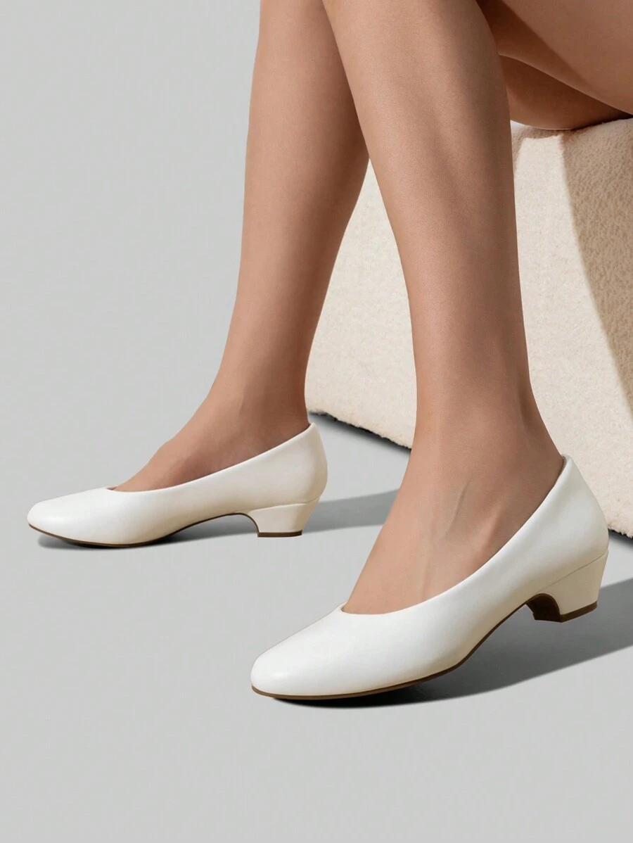 Women's Low Chunky Heel Solid Color Pumps Round Toe Comfortable Versatile Work Formal Occasions Shoes - White - View 1