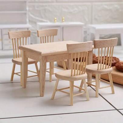 Juego de 4 sillas y 1 mesa de madera DIY en miniatura para cocina de casa de muñecas, juego de comedor a escala 1:12 con mesa y sillas, adecuado para decoración del hogar y celebraciones festivas