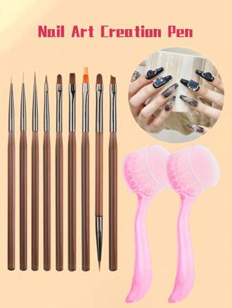 9/11pcs Nail Brush Set Paint Brush Powder Acrylic UV Gel Pull Wire Paint Dot Tool Stripe Line Nail Art Creation DIY Pen Dust Brush DIY