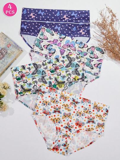 4 件套大码女式三角裤，宽松舒适优雅蝴蝶印花高腰内裤