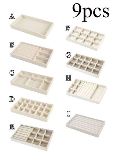 9 件/套米色珠宝托盘套装，可堆叠珠宝收纳整理器，天鹅绒珠宝展示托盘，抽屉珠宝盒，多隔层珠宝收纳盒，容量大，多种尺寸，可拆卸，适用于项链、耳环、戒指、口红、指甲油、配饰、手表、手链、家居装饰，适用于梳妆台、化妆台、珠宝展示、卧室抽屉