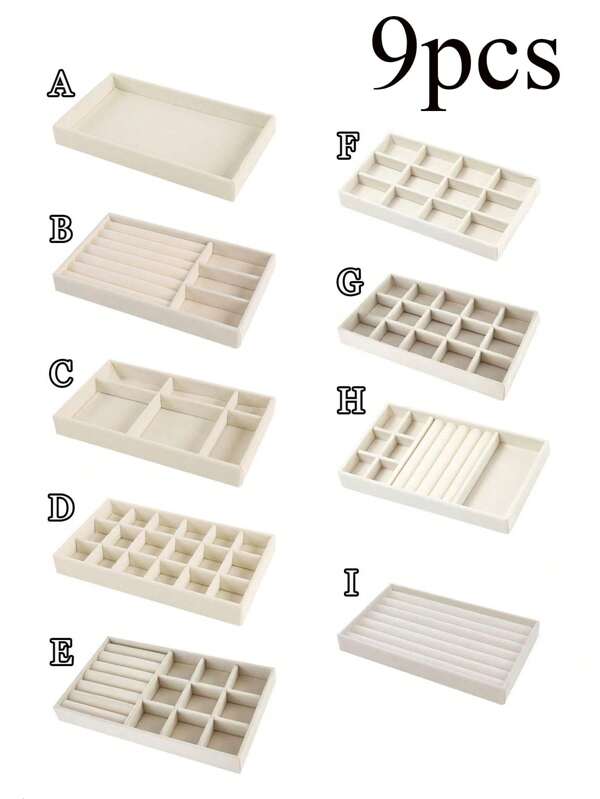 9 pièces/set Plateau de bijoux beige, organisateur de rangement de bijoux empilables, plateau d'affichage de bijoux en velours, boîte à bijoux à tiroirs, boîte de rangement de bijoux à compartiments multiples, grande capacité, multi-tailles, amovible, convient pour les colliers, boucles d'oreilles, bagues, rouges à lèvres, vernis à ongles, accessoires, montres, bracelets, décoration de la maison, convient pour la coiffeuse, le meuble de maquillage, l'affichage des bijoux, le tiroir de la chambre à coucher