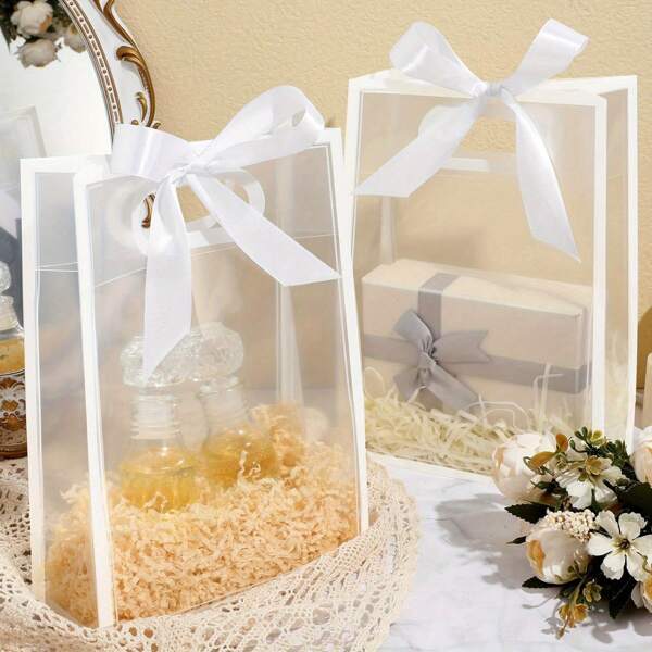 10 Pcs Clear Plastic Gift Bags With Die Cut Handles And Bow, Reusable For Wedding Bride Birthday Shopping Business Christmas Gift Tote Bags