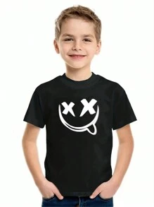 SOLOCOTE Tween Boy Smiling Face Print Short Sleeve Casual Crew Neck T-Shirt