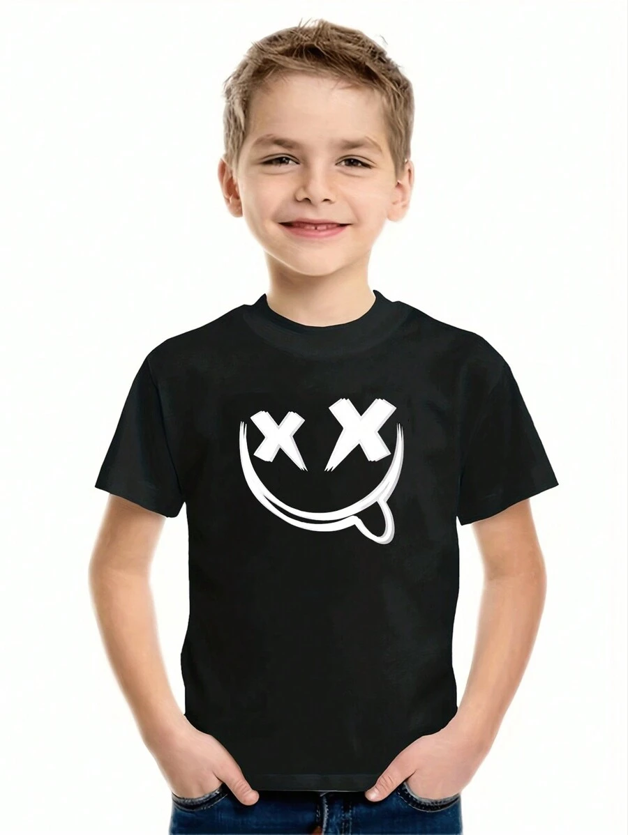 SOLOCOTE Tween Boy Smiling Face Print Short Sleeve Casual Crew Neck T-Shirt