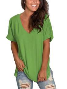 Women's Tshirts Casual V Neck Short Sleeve Loose Summer Tunic Tops - 綠色 - 查看 3