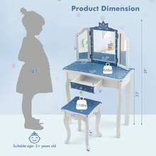 Homasis Kid Vanity Set Wooden Makeup Table Stool Tri-Folding Mirror Snowflake Print - Blue - View 9