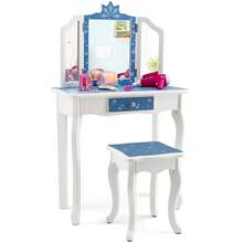 Homasis Kid Vanity Set Wooden Makeup Table Stool Tri-Folding Mirror Snowflake Print - Blue - View 1