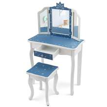 Homasis Kid Vanity Set Wooden Makeup Table Stool Tri-Folding Mirror Snowflake Print - Blue - View 10