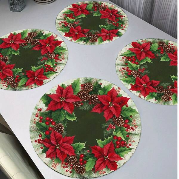6pcs/4pcs/1pc Christmas Party Decoration Circular Placemat,Red Flower And Pine Cone Pattern Design -15 Inch Linen Material, Non Slip, Heat-Resistant, Machine Washable, Holiday Party Decoration Circular Placemat, Diameter 15 Inches, Party Kitchen Dining Decoration, Christmas Table Decoration, Suitable For Parties, Kitchens, Restaurants