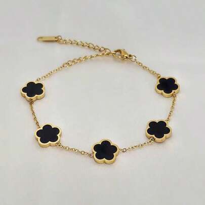 1 pieza Pulsera de acero inoxidable con flor de cinco pétalos y nácar de doble cara, de estilo afortunado y elegante