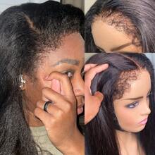 Kinky Edges 13x4 Transparent Lace Front Yaki Straight Wig Human Hair Realistic Natural Hairline With Curly Baby Hair Pre Cut Lace Wigs For Black Women 150% Density