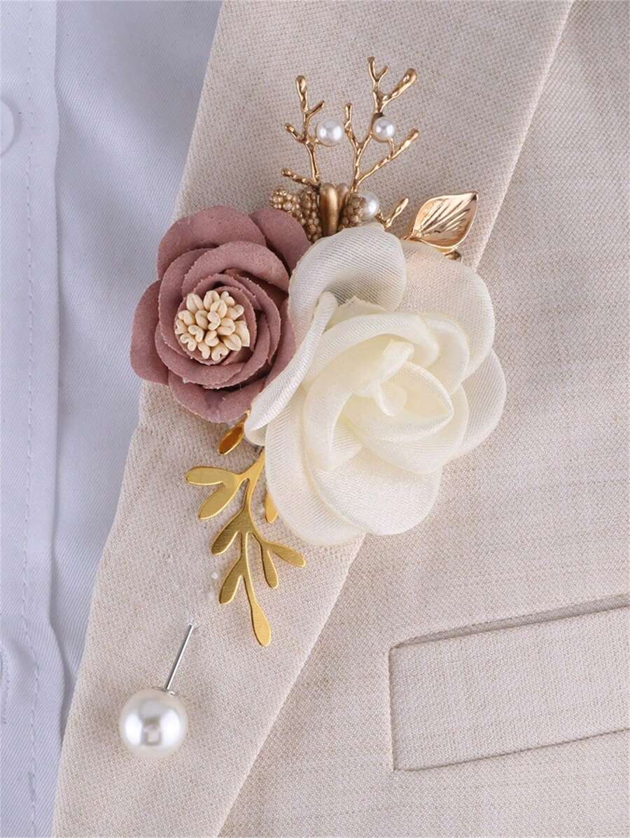 1pc Unisex Korean Rose Flower Faux Pearl Decor Corsage Pin, Suitable For Groom, Bride, Best Man, Bridesmaid, Wedding, Party, Formal Event, Business Gathering, Daily Wear Valentine's Day Valentines