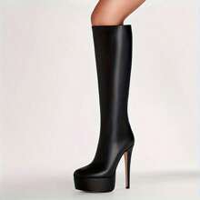 Women's Black Zipper Closure Stiletto High Heel Knee-High Boots - Black - View 3