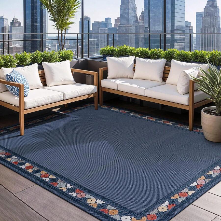 Outdoor Rug 10x14 Bordered Modern Floral Large Area Rugs For Indoor And Outdoor Patio Easy To Clean Non Shedding Living Room Porch Garden Washable Outside Carpet - 有邊框 - 藍色 - 查看 1