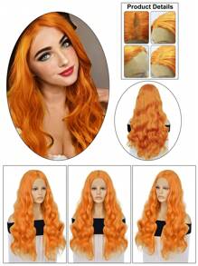 13*4*1 中分 T 型橙色紫色银灰色混合灰色合成蕾丝前假发，预拔自然发际线，女士 28 英寸长耐热蓬松波浪发高清透明蕾丝前假发 - 彩色 - 查看 4