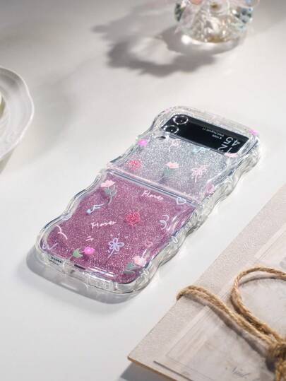 1pc Wave-Shaped Air Cushion Anti-Drop Floral Glitter Folding Phone Case Compatible With Samsung Galaxy Z Flip3 5G, Galaxy Z Flip4 5G, Galaxy Z Flip5 5G, Galaxy Z Flip6 5G, Galaxy Z Flip7
