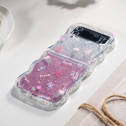 1pc WaveShaped Air Cushion AntiDrop Floral Glitter Folding Phone Case For Samsung Galaxy Z Flip3 5G Galaxy Z Flip4 5G Galaxy Z Flip5 5G Galaxy Z