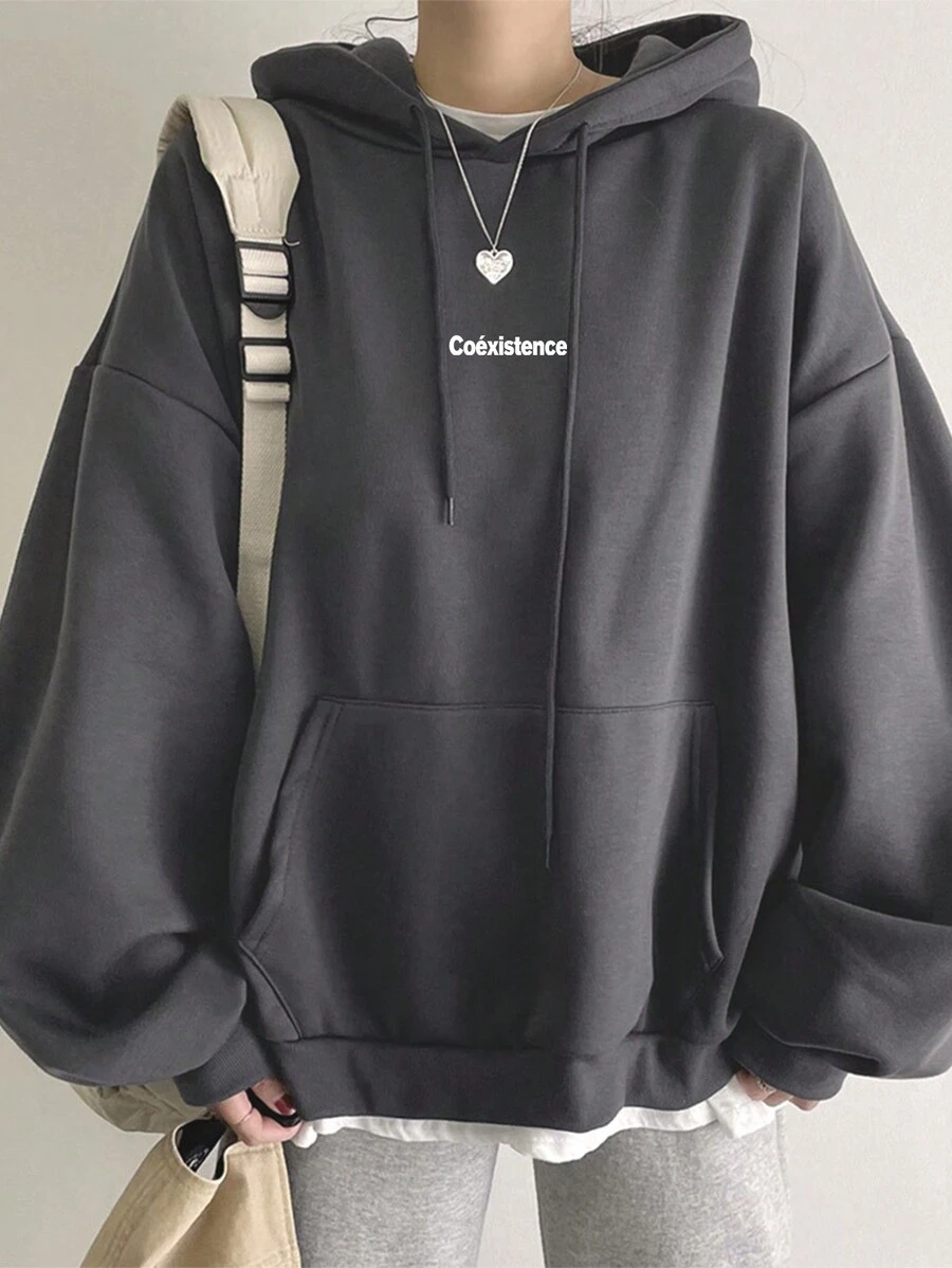 Sudadera con capucha de estilo universitario informal con cordón para mujeres - Gris Oscuro - Ver 1
