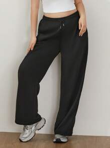 Women's Casual Joggers Sweatpants Solid Color Drawstring High Waist Wide Leg Trousers - Black - View 5
