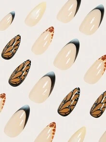 获得 Glamo Rous 24 件杏仁形指甲优雅棕色豹纹蝴蝶白色光环黑色法式全覆盖假指甲尖，适合女性和女孩，包括美甲沙龙，1 块果冻凝胶和 1 条果冻胶，随机发货 - 彩色 - 查看 4