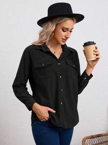 CAMISA UNICOLOR DE PANA,CAMISA DE MANGA LARGA,BLUSA CON BOTÓN DELANTERO Y PARCHE DE BOLSILLO,BLUSAS INFORMAL DE MUJER - Negro - Ver 3