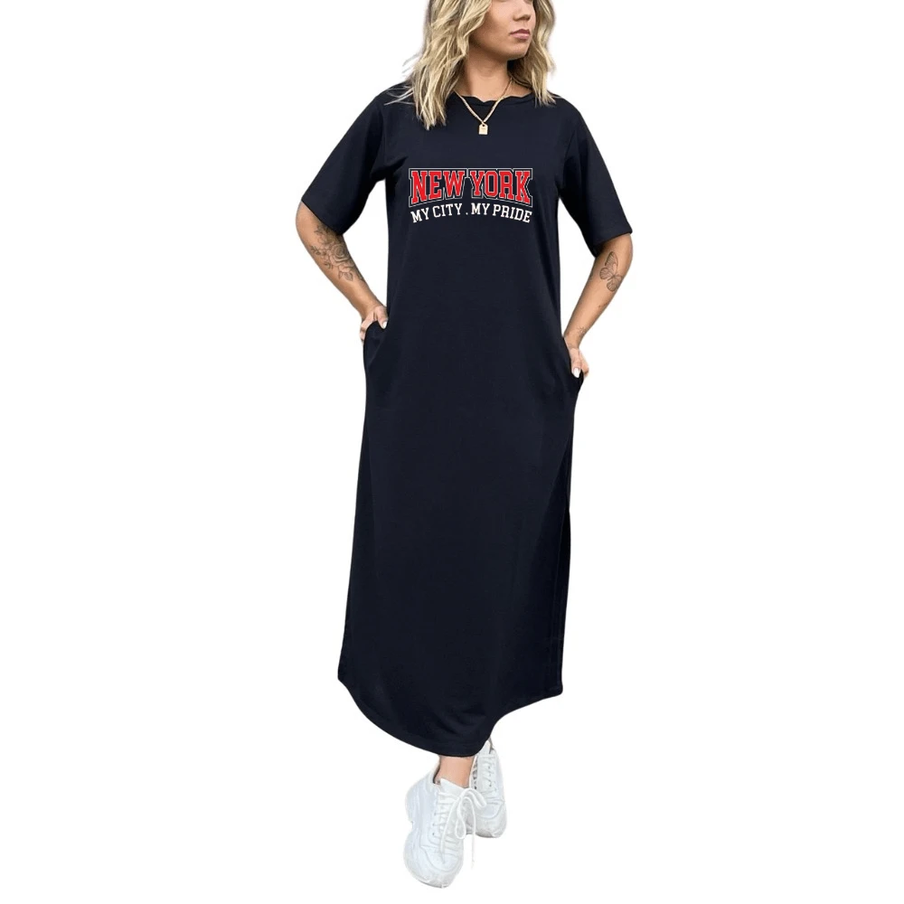 New York My City Long Dress Cotton Casual Elegant Loose Comfortable - màu đen - Xem 1