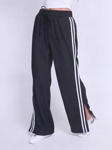 Steve Store Women's Fashion Palazzo Pants Tailored Twill Fabric Elastic Waistband With Side Slits - màu đen - Xem 4