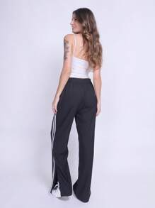 Steve Store Women's Fashion Palazzo Pants Tailored Twill Fabric Elastic Waistband With Side Slits - màu đen - Xem 5