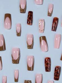 Elevate Your Style With,24pcs Y2K 3D Gelnail Makes Square Brown French Tip Press On Nails Medium Fit Perfectly Design Acrylic False Nails Set, Contain 1pc Jelly Glue And 1pc Nail File, Leopard Nails For Women And Girls DIY Daily Work, Study And Party Use