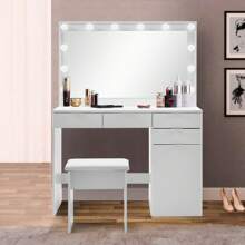 CLIPOP Dressing Table With LED Mirror And Stool Adult 105 * 40 * 140CM, White Dressing Table With Storage 5 Drawers, Modern Makeup Table Girl Corner Dressing Table Bedroom Furniture Gift - 白色 - 查看 3