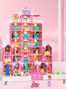 7-Story LED Dollhouse Princess Castle 578pcs - Pink - View 1