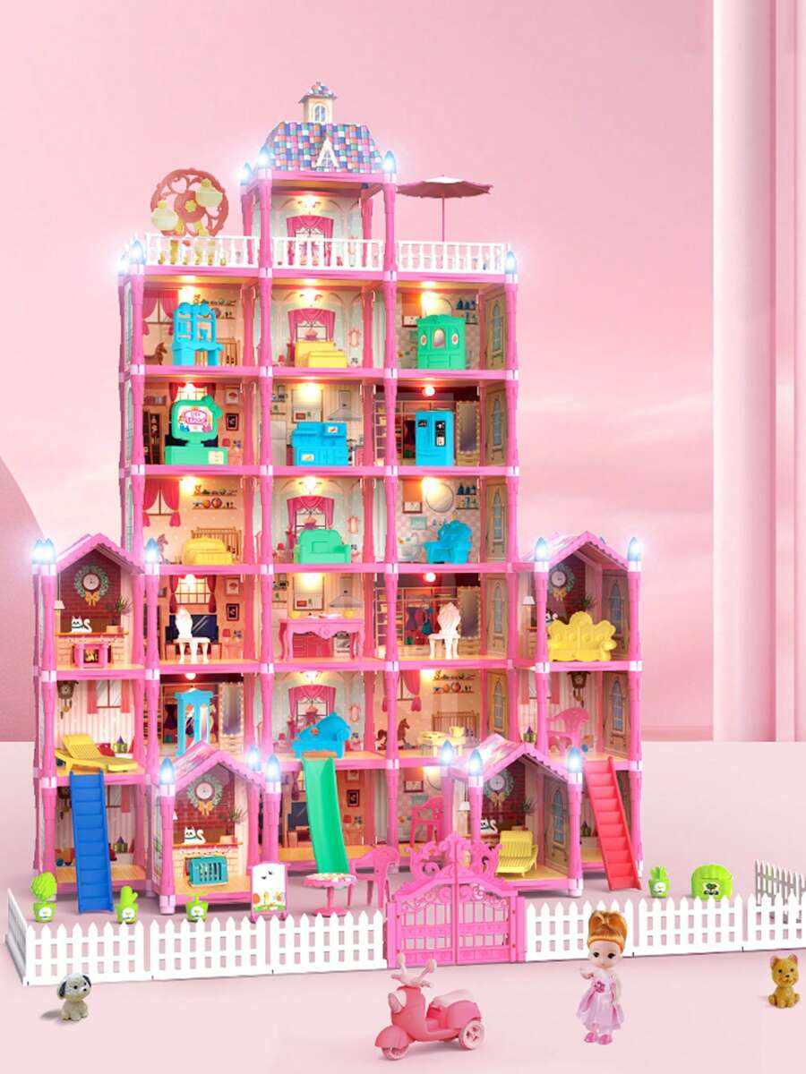 7-Story LED Dollhouse Princess Castle 578pcs - Pink - View 1