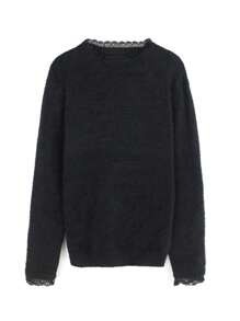 Women Knitted Sweater, Round Neck, Lace Patchwork, Fuzzy, Solid Color, Elegant Casual Wear, Long Sleeve, Spring/Autumn Black - Black - View 6
