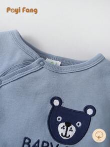 2pcs/Set Cute Baby Boy Bear Print Snap Button Footed Jumpsuit - White - View 5