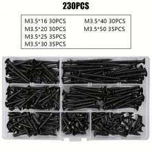 Set de 105/230 piezas de tornillos autoperforantes, conjunto de tornillos de acero al carbono negro, tornillos planos de cabeza cruzada, tornillos galvanizados para madera para carpintería, tamaños de M3.5*16-50mm