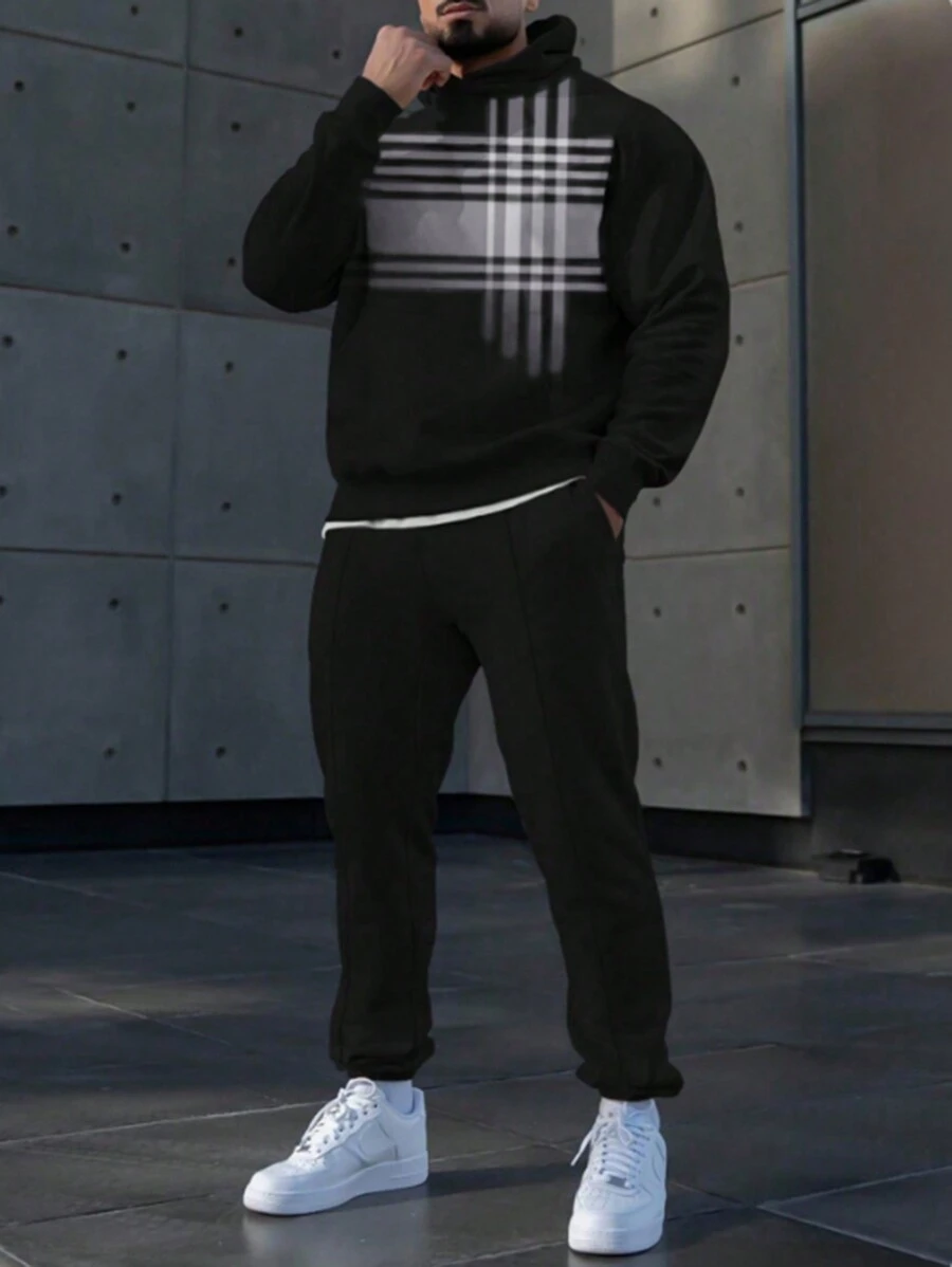 Men's Fashion Minimalist Plaid Print Sweatshirt And Pants Set, Versatile - Multicolor - View 1