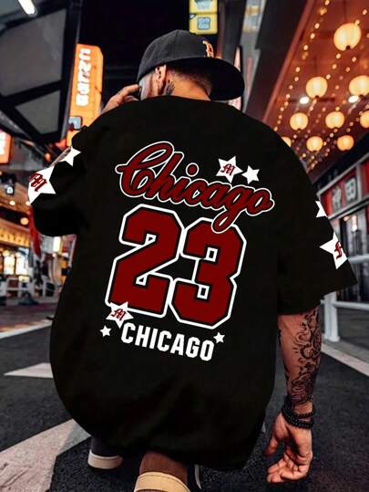 男士运动数字23和英文印花设计T恤，休闲时尚通勤百搭，适合夏季运动、户外