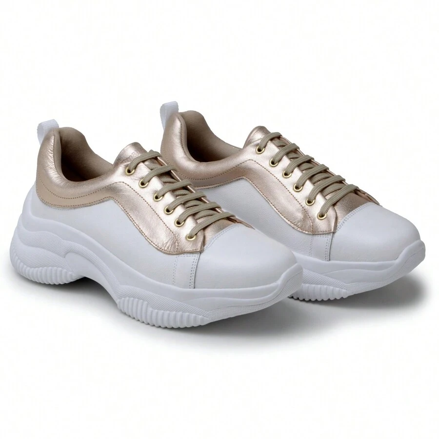 Women's Casual Fashion Sneakers Premium Metallic White Color Glace - 白色 - 查看 1