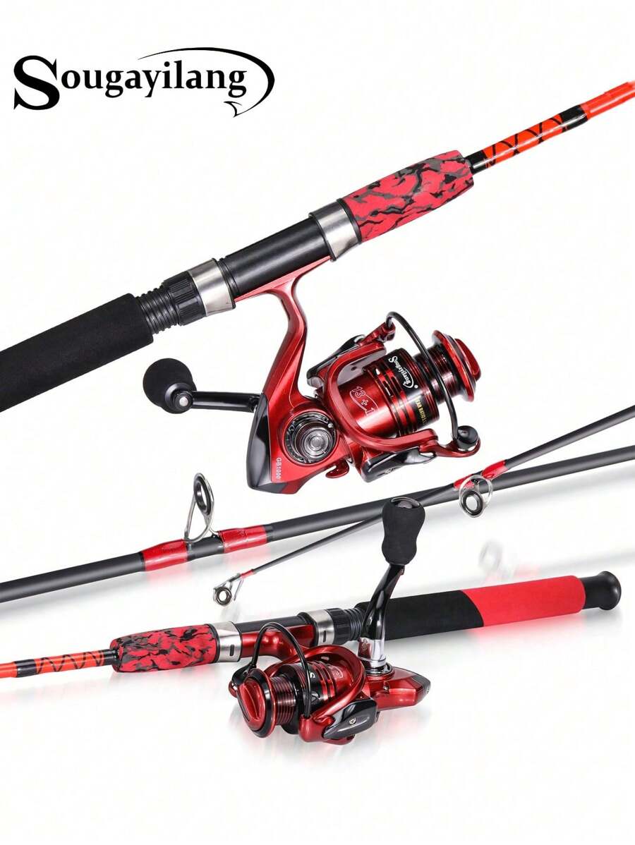 SOUGAYILANG 2 Sections Red Fishing Rod And Reel Combo 5.1:1/5.5:1 Gear Ratio 13+1 Ball Bearing Reel 2 Sections Resin Material Pole With Ultra-Smooth Guide Ring High Quality Fishing Set For Freshwater And Saltwater