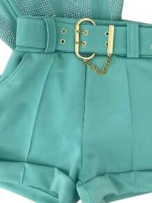 Neoprene Cropped And Short Set With Belt - 綠水 - 查看 2