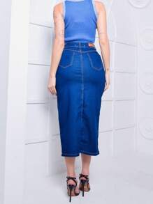 Long Jean Skirt With Slit - 深色水洗藍 - 查看 4