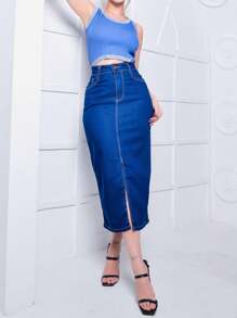 Long Jean Skirt With Slit - 深色水洗藍 - 查看 5