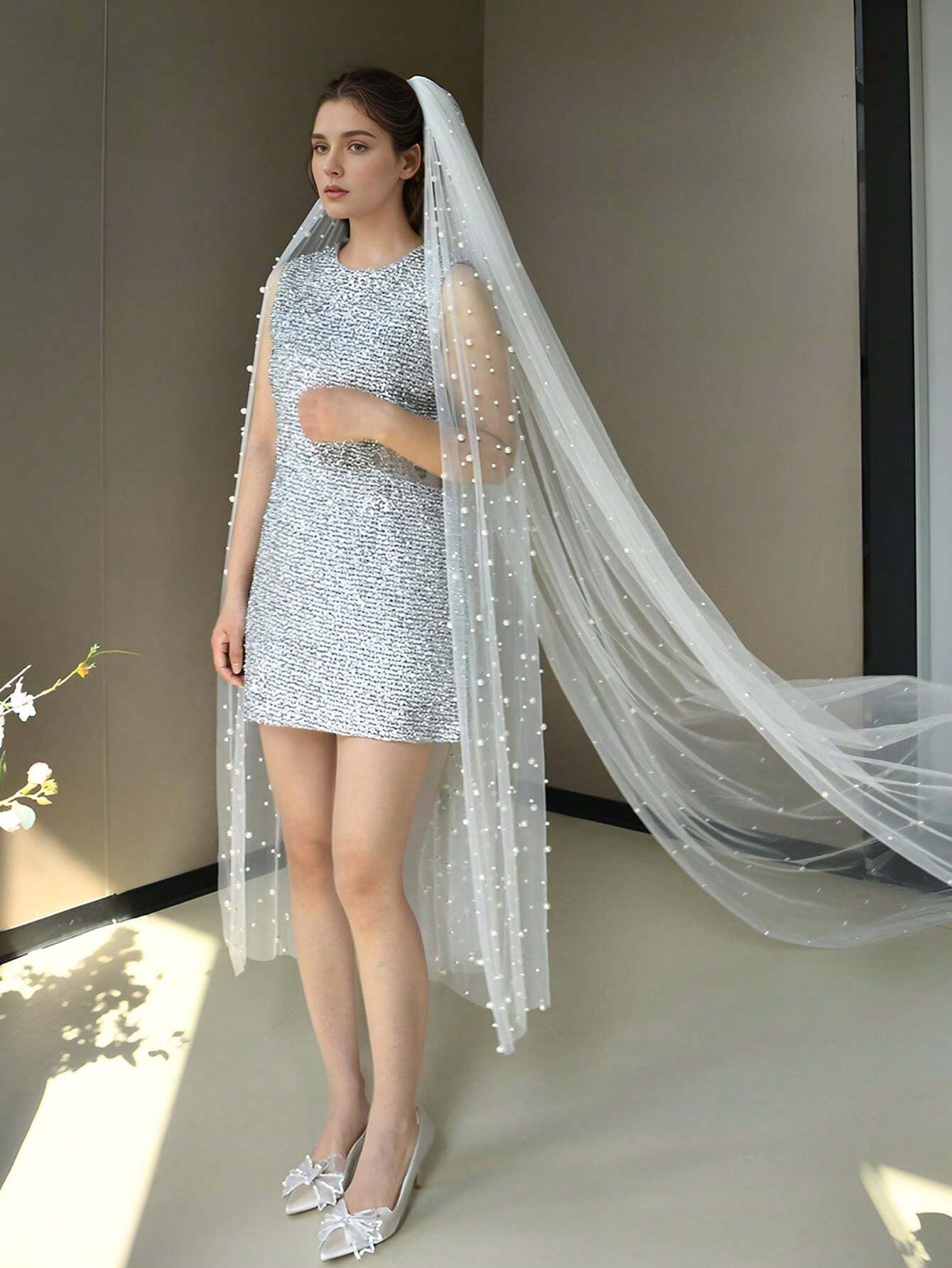 1pc Elegant Unique Double Layer 3M Long Beaded Bride Wedding Veil With