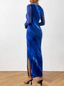 Women's Slim-Fit Long Dress Fall Fashion Long Sleeve Floral Print Tight Party Club Pleated Long Sleeve DressWomen's Slim-Fit Long Dress Fall Fashion Long Sleeve Floral Print Tight Party Club Pleated Long Sleeve Dress - Màu nước xanh - Xem 7