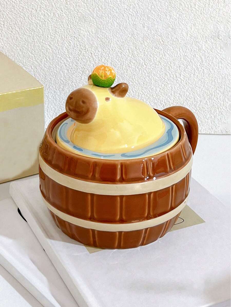 1 个 450ml/15.22oz 可爱水豚马克杯带盖，可爱陶瓷杯，水杯，咖啡杯，不包括橙子，陶瓷水豚马克杯，有趣的动物马克杯 - 彩色 - 查看 1